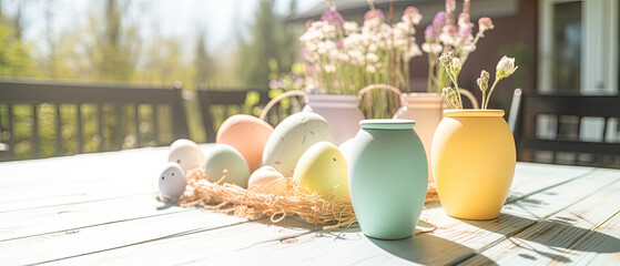 Easter Decorations - pastel colored Paschal eggs decorations on a wooden table top in the garden