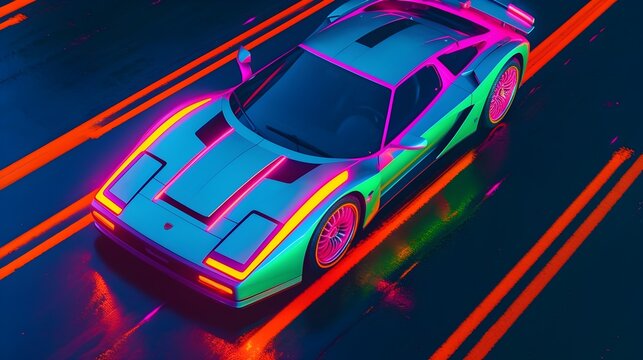 Sports Car On Neon Highway - Race cars on futuristic track -  Generative AI