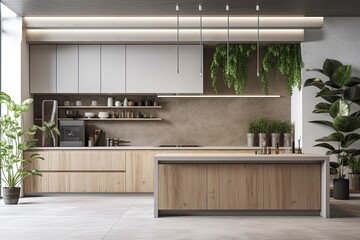 Interior Scene and Mockup, Modern Minimalist Kitchen Interior, Green Plant Background. Generative AI