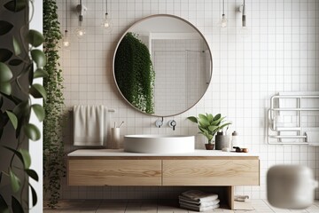 Interior of the bathroom is white masonry with a chic sink. standing plant on the shelf. a circular mirror a mockup. Generative AI