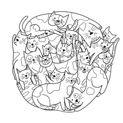 Cute doodle cats circle shape coloring page. Doodle mandala with funny feline animals for coloring book. Outline background. Vector illustration