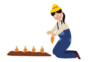 Cute girl picking up carrots from the gardening bed. Young farmer doing gardening work in cartoon style. Harvesting print. Vector illustration