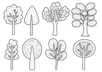 Black and white doodle trees collection. Different trees set for coloring page. Vector illustration - 588909666