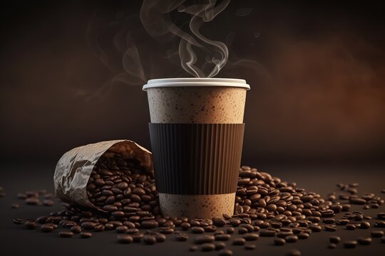 Coffee in a single cup and coffee beans. 