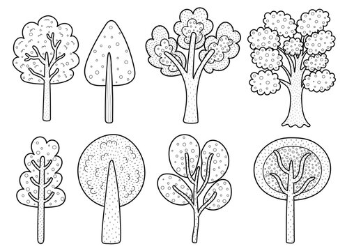 Black and white doodle trees collection. Different trees set for coloring page. Vector illustration