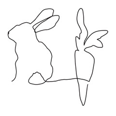 Easter bunny in simple one line style. Rabbit, carrot. Black and white minimal concept vector illustration.