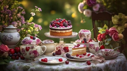 Obraz na płótnie Canvas Sumptuous Cherry and Blackberry Cake for Dessert Lovers Generative AI 