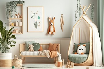 Scandinavian Style Kids Room with Wooden Toys and Eco-Friendly Elements. Generative AI