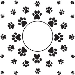 Round frame with animals tracks background. Pattern from silhouettes of animal footprints on white background with empty frame for text.