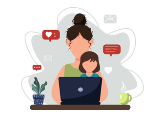 Woman freelancer working from home with child. Single mom taking care of her daughter alone. Single parent family