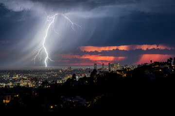 Lightning Strike at Sunset in Los Angeles, California