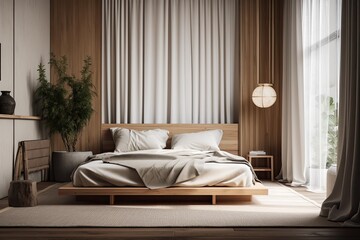 Japanese style wooden bed, drapes, and décor in a zen inspired bedroom are seen in this mock up of a home's interior. Generative AI