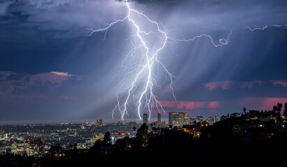 Naklejka na ściany i meble Thunderstorm with Lightning Strike in Century City, Los Angeles, California