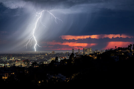 Lightning Strike at Sunset in Los Angeles, California - Powered by Adobe