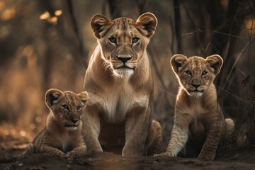 Pride of lions in nature. AI generated, human enhanced - obrazy, fototapety, plakaty