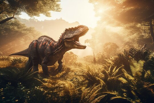Fototapeta Majestic dinosaur in a fantasy landscape. AI generated, human enhanced