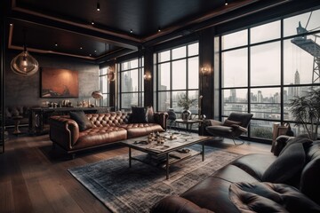Industrial Chic: Luxurious Living Room with London Views in Black and Brown Industrial Modern Interior Design. Generative AI