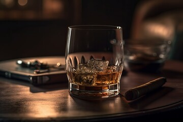 Glass of whiskey with ice on wooden table, steaming cuban cigar and bottle of whiskey. AI generated, human enhanced