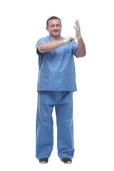 man doctor putting on protective gloves. isolated on a white background.