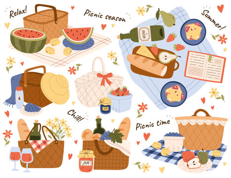 Picnic Elements Illustrations Set. Delicious Snack. Fresh Fruits, Bakery, Jam And Wine. Wicker Picnic Basket