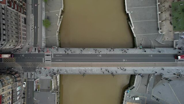 Aerial drone top down view of Areatzako zubia bridge in Bilbao, Basque Country, Spain