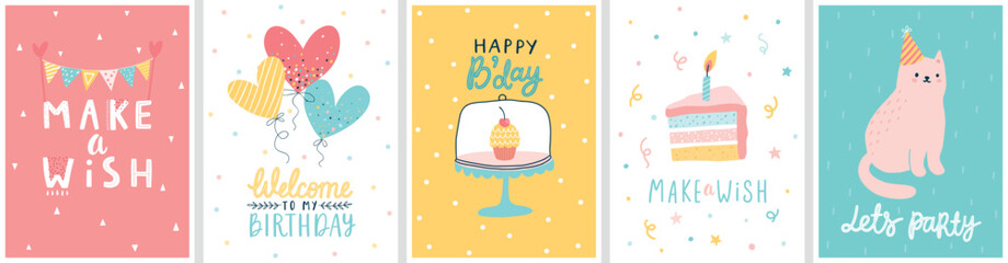 Cute Birthday cards with Letterings for your design - Happy Birthday, Make a wish and others. Hand drawn prints.