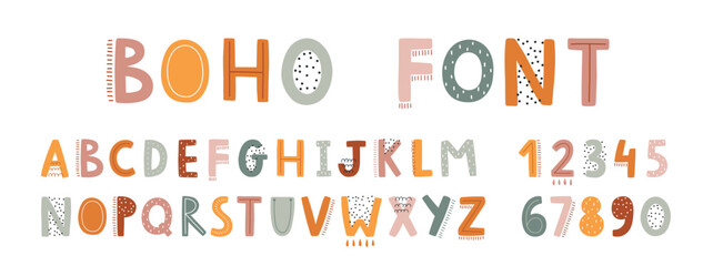 Cute Boho Alphabet for your design. Hand drawn bohemian elements.