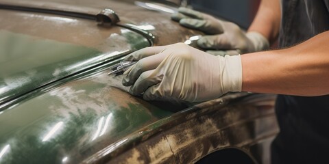 person carefully restoring vintage car showcasing their expertise and passion for automotive history and preservation, created with Generative AI technology