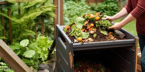 person composting food waste in backyard compost bin gardener, concept of Sustainability, created with Generative AI technology - obrazy, fototapety, plakaty