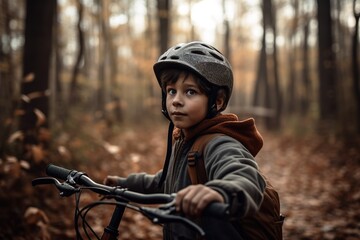 Fototapeta na wymiar Boy riding his bicycle on a trail into the woods during autumn. Generative AI