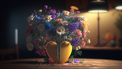 Colorful Bouquet in Heart-Shaped Vase, Made by AI, Artificial Intelligence