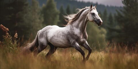 Obraz na płótnie Canvas majestic horse galloping through serene meadow symbolizing freedom strength and beauty of nature, created with Generative AI technology