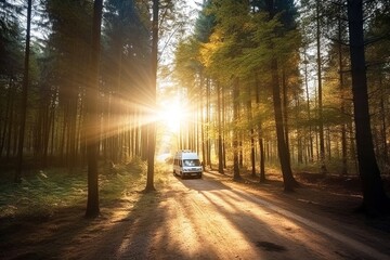 Motorhome driving inside wooden forest under sunbeam at sunset. Generative AI
