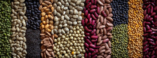 Different varieties of beans and grains. Textured background. Generative AI
