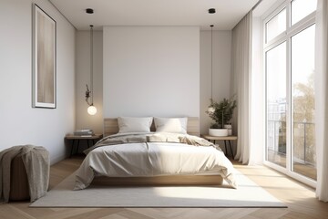 Corner view of a light bedroom interior with a bed, a large window in the ceiling, bedsides, a curtain, and a wooden hardwood floor. minimalist design principle. Room for original thought. Generative