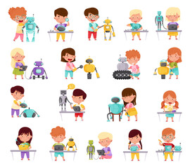 Cute Little Kid Programming and Creating Smart Robot Big Vector Set