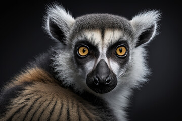 Naklejka premium Generative AI. Ring-tailed lemur (Lemur catta) is a large strepsirrhine primate and the most recognized lemur due to its long, black and white ringed tail.