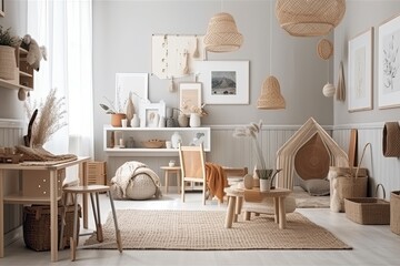 Modern kids' room with a blank white wall. Boho inspired, Scandinavian interior design mockup. area in the copy for a poster or photo. Macrame, a console, a rattan chair, and toys. cozy space for chil