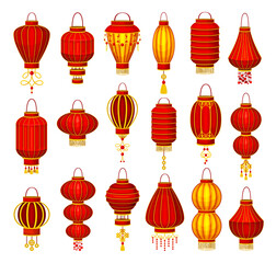 Chinese Lantern Made of Paper or Silk with Candle Inside Big Vector Set