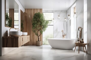 Naklejka na ściany i meble Interior of a luxurious bathroom with white walls. Generative AI