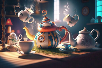 scene from Alice in Wonderland with flying teapots and cups - obrazy, fototapety, plakaty