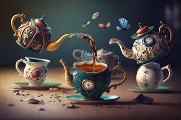 Foto auf Alu-Dibond scene from Alice in Wonderland with flying teapots and cups © natalikp
