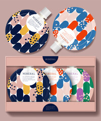 Vector Round Packet with White Screw Cap Bundle Box Set, Abstract Pattern Printed. Packaging Mockup for Face Mask, Body Lotion, Body Wash, Seasoning and Sauce.