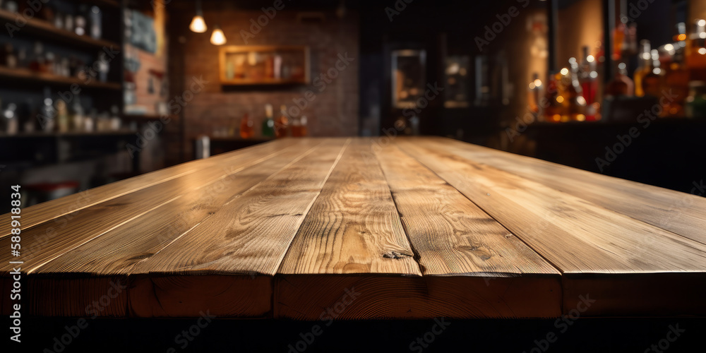 Poster an empty wooden counter table top for product display in a pub or bar. generative ai