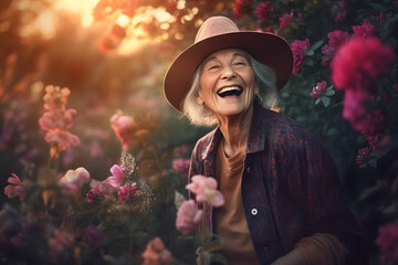 laughing old lady in garden with flowers. generative AI