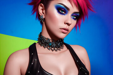 Obraz premium Young woman with bright appearance. Portrait of fashionable female with vivid image, style. Generative AI.