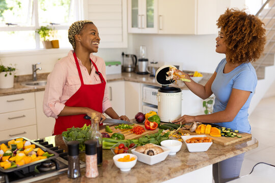 Diverse lesbian couple talking while chopping vegetables and throwing waste in compost bin