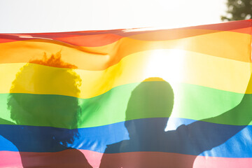 Shadow of multiracial young lesbian couple seen rainbow flag during sunny day
