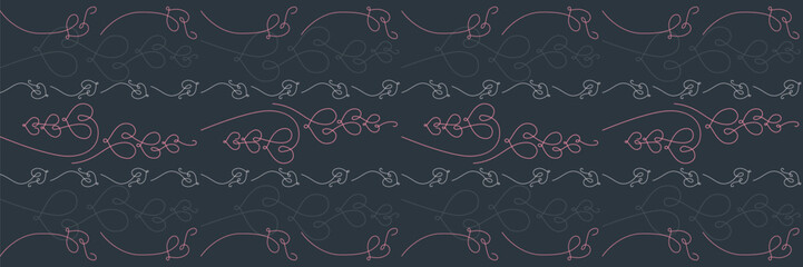 Dark floral seamless border with stylized hearts and vines. Horizontal border for decorative ribbon, card, frame or other using. Vector illustration.