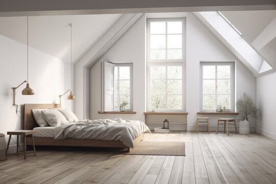 Two wide windows, a gray attic bedroom with a hardwood floor, a white bed, and a white table with a computer. a mockup. Generative AI